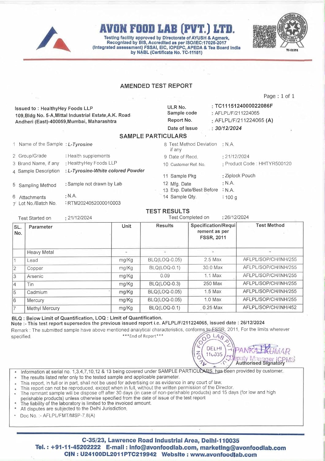 Amended test report from Avon Food Lab with various certifications and logos.