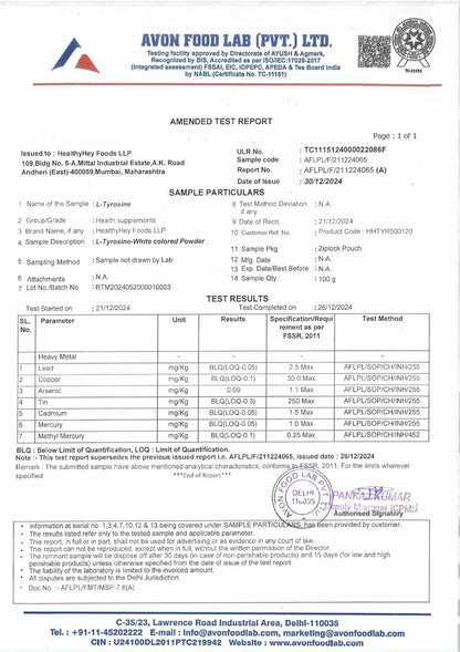 Amended test report from Avon Food Lab with various certifications and logos.