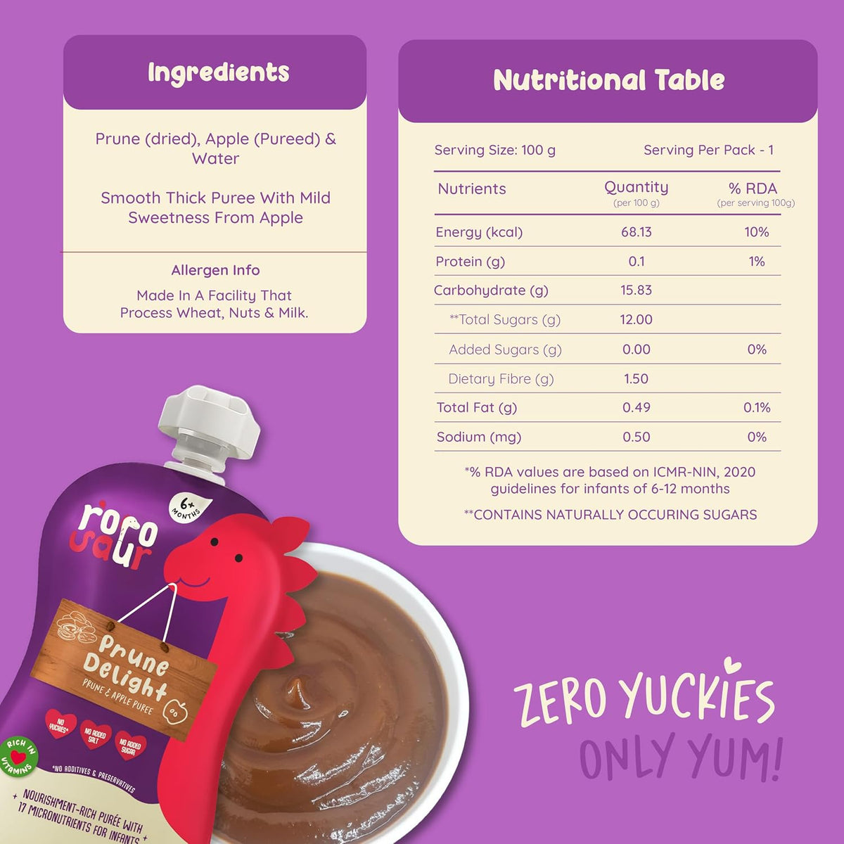 Rorosaur Baby Food Pouch | Prune Fruit Puree helps with constipation & indigestion for Baby and Toddlers,6+ Months, No more tummy problems | Ready to Eat, No Preservatives, No Added Sugar |100g each, Pk of 2