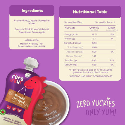Rorosaur Baby Food Pouch | Prune Fruit Puree helps with constipation & indigestion for Baby and Toddlers,6+ Months, No more tummy problems | Ready to Eat, No Preservatives, No Added Sugar |100g each, Pk of 2