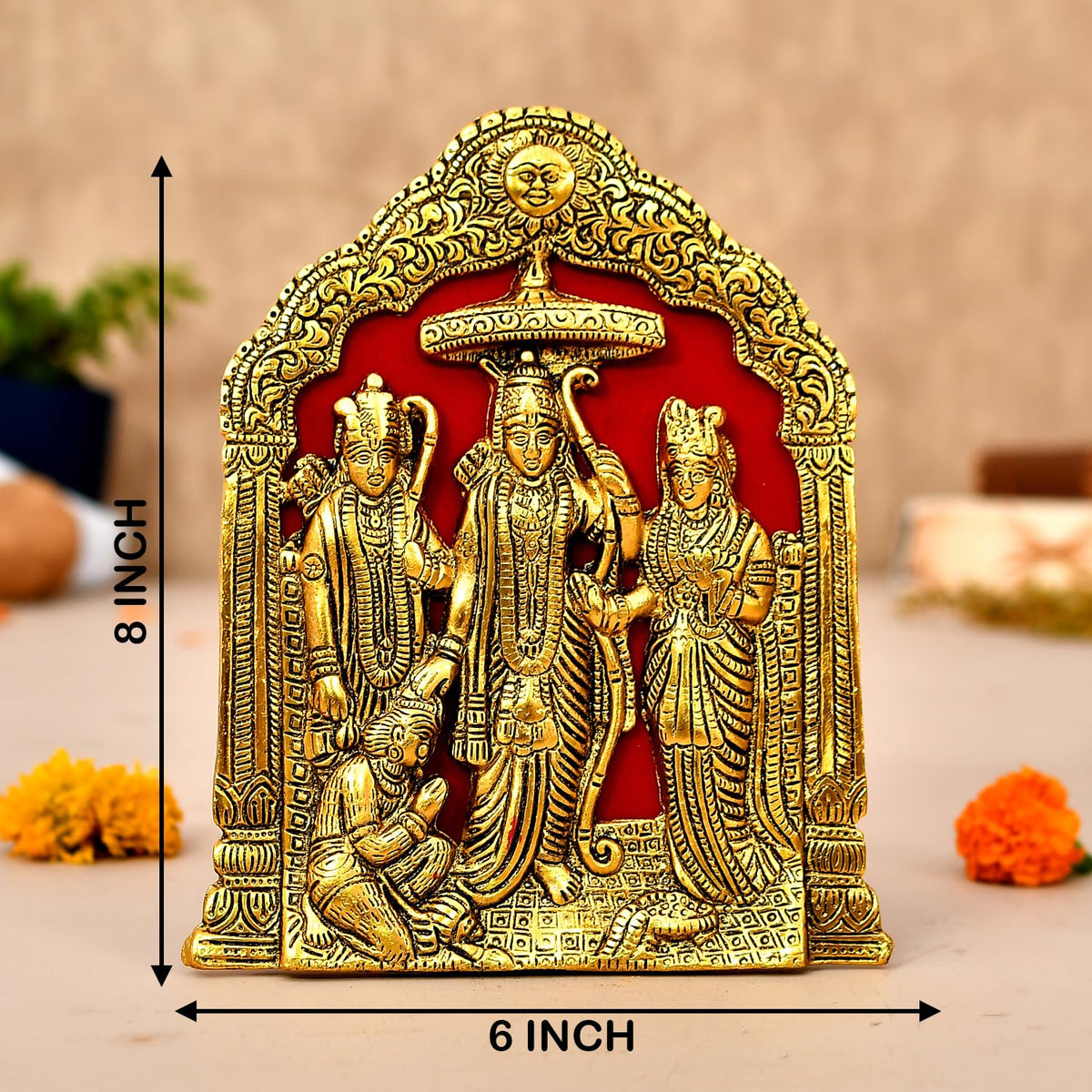 Metal Plated Ram Darbar Wall Hanging and Table Top Lord Ram, Laxman, Sita & Hanuman Showpiece Idol Statue for Home Decor Office Pooja Room Article Decorative Showpiece