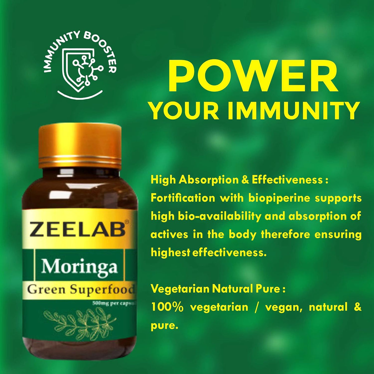 Zeelab Moringa supplement bottle with promotional text on a green background