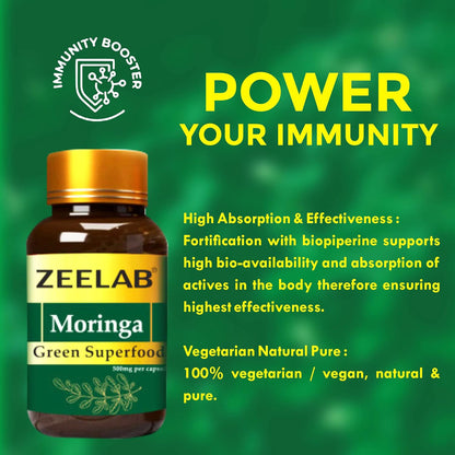 Zeelab Moringa supplement bottle with promotional text on a green background