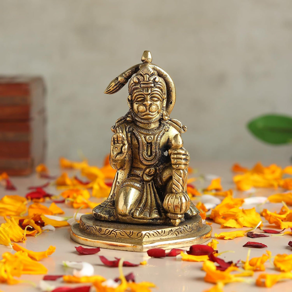 Brass Hanuman Ji Idol | Handcrafted Hanuman Murti for Pooja Room | Home Temple & Festival Gift (Design02: L7 x W5 x H9 cm)