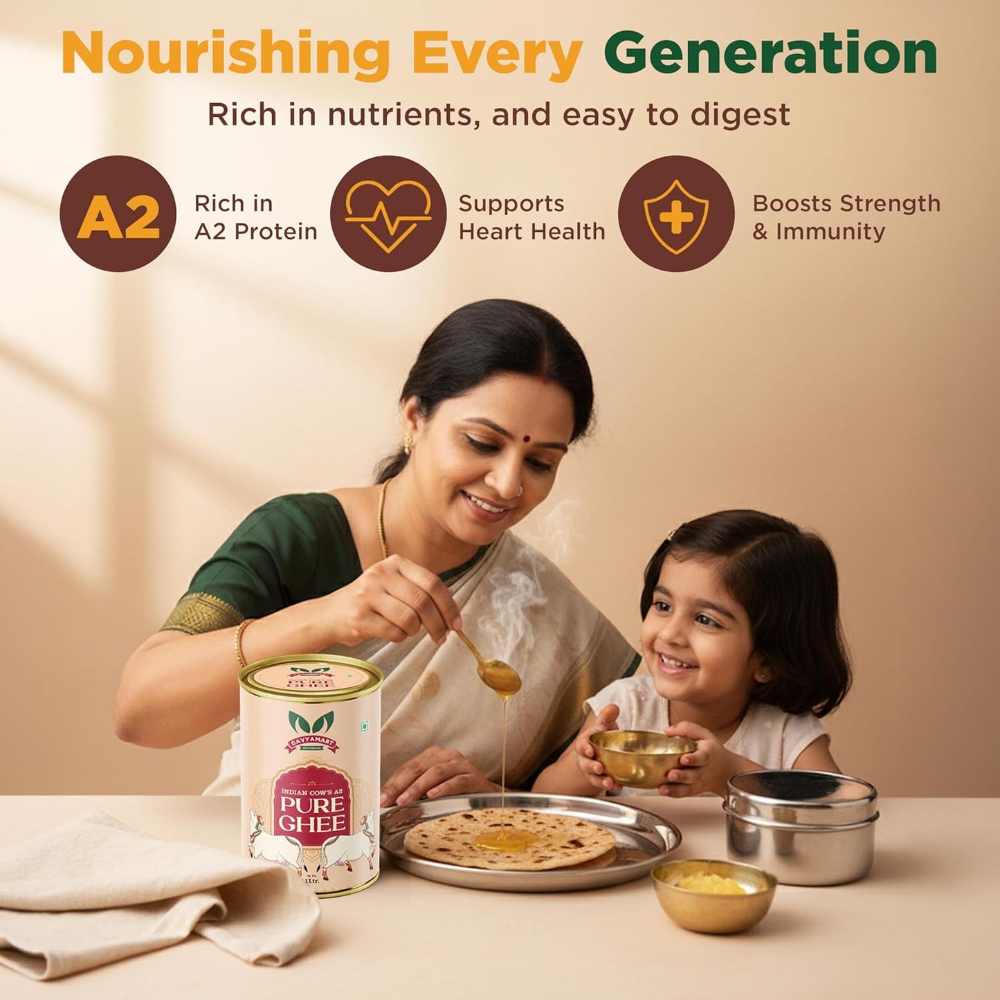 Gavyamart Indian A2 Cow Ghee 100% Pure Non GMO - Made of kankrej Organic Cow Ghee (1L)