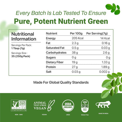 Moringa Powder 250g | USDA Organic Certified Drumstick Leaves Powder | 100% Pure & Fresh Moringa Leaf Powder | Rich in Vitamins, Minerals & Antioxidants | Natural Superfood for Energy, Stamina & Vitality | Non-GMO & No Preservatives AYUSHKA ORGANIC