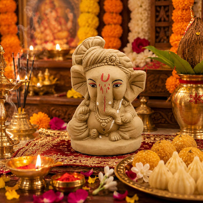 SHOPMEFAST Clay Ganesh Idol, 4 Inches Height, Water Soluble Ganpati Murti for Ganpati Visarjan (Small) (Natural Brown - Bal Ganesha)