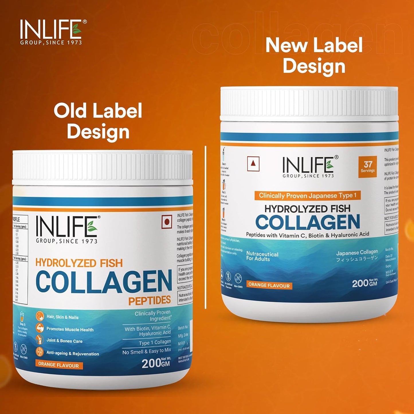 INLIFE Japanese Marine Collagen Supplements for Women & Men | Fish Collagen Powder for Skin & Hair | Clinically Proven Ingredient with Biotin, Hyaluronic Acid, Vitamin C & Glucosamine (200g, Orange)