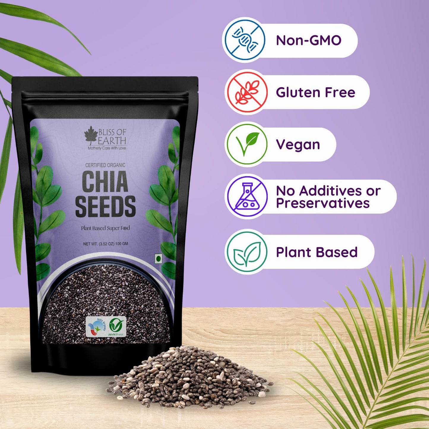 Bliss of Earth Chia Seeds 100g | Raw Superfood with Omega & Fiber | Natural Chia Seeds for Daily Nutrition & Wellness Support
