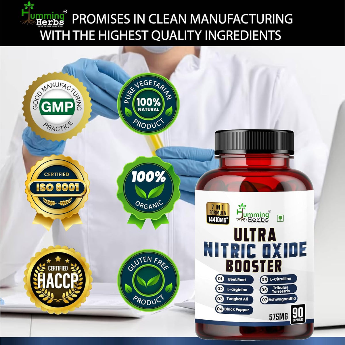 Humming Herbs Ultra Nitric Oxide Booster supplement bottle with certification logos on a white background