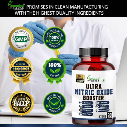 Humming Herbs Ultra Nitric Oxide Booster supplement bottle with certification logos on a white background