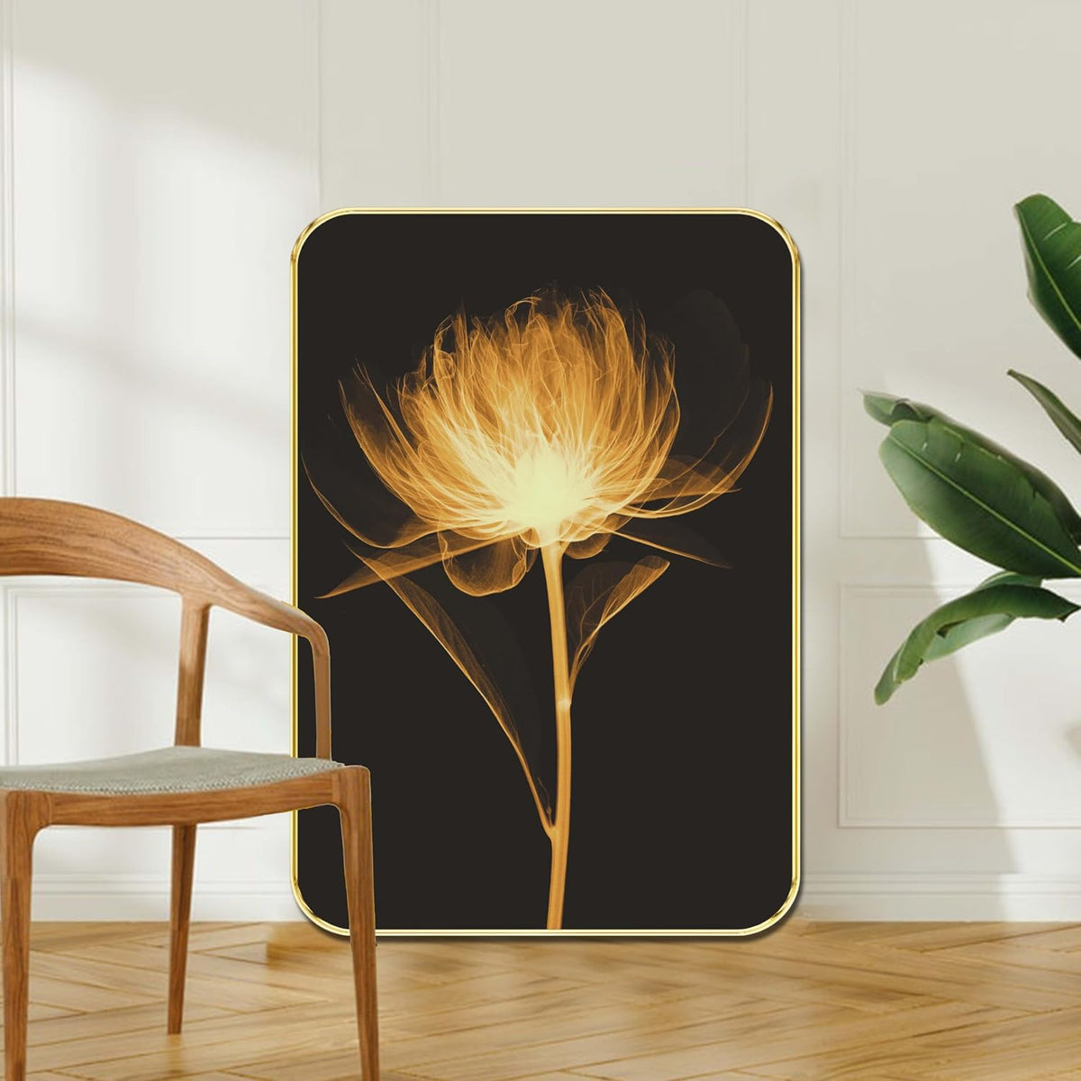 Golden Bloom Wall Painting | Glowing Single Flower Artwork with Black Background | Premium MDF Frame Decorative Art for Living Room, Bedroom, Office & Home Décor (19 x 13 Inch) MG01-1039