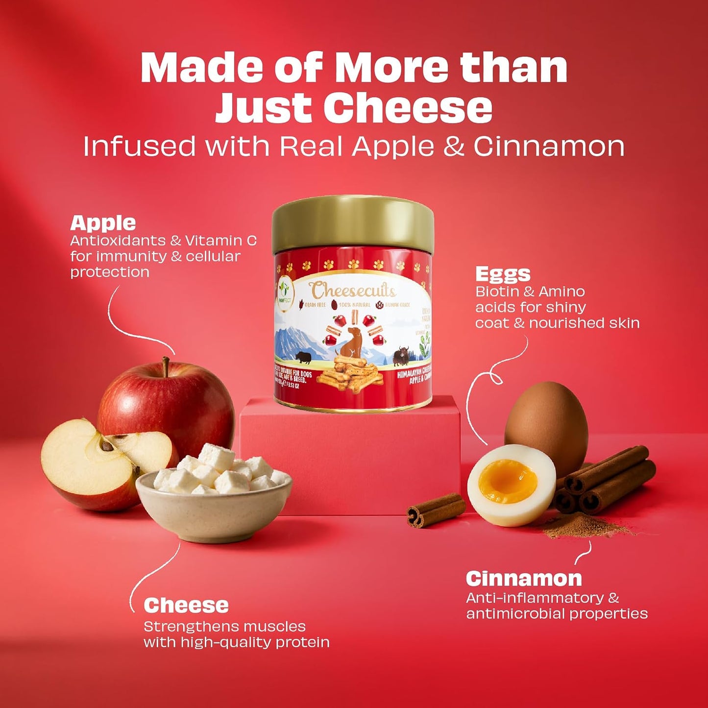 Pawfect Cheesecuits - Cheese Biscuits with Apple, Eggs and Cinnamon for Dogs- 100% Natural - Grain-Free - Hypoallergenic - Rich in Antioxidants - High-Protein Dog Training Treats (100g/3.53oz)