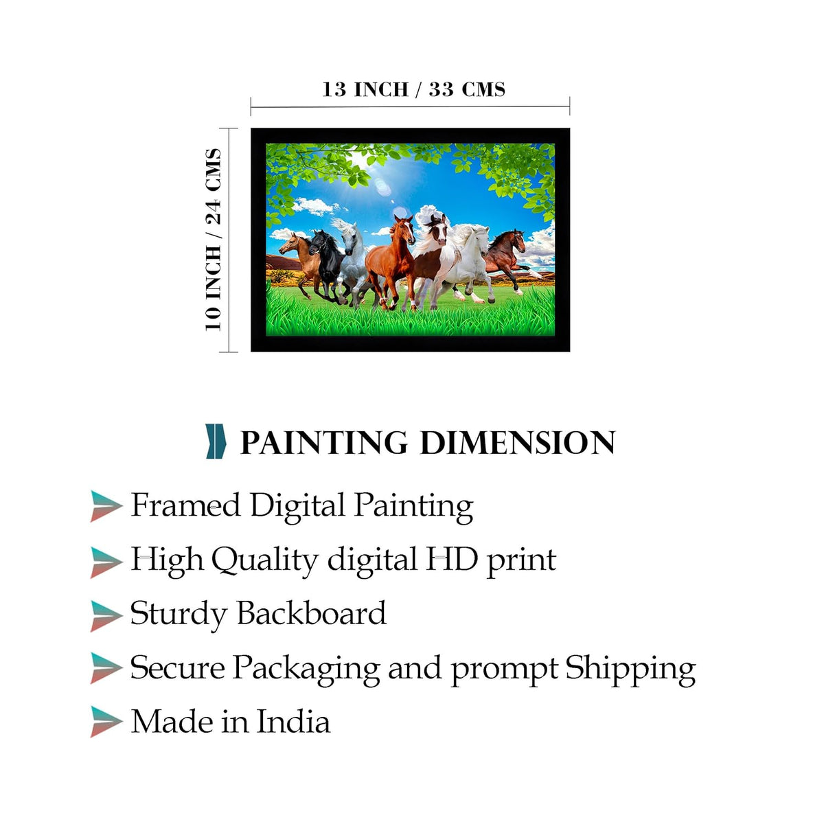 Runing Seven Horses Painting With Frame 13 Inches X 10 Inches (Style 9)