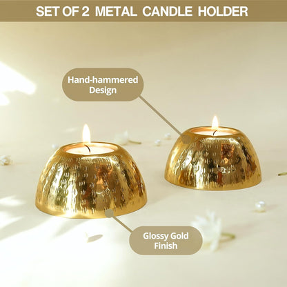 BEHOMA Pebble Bowl Metal Pack of 2 Tealight Candle Holders Set - Gold