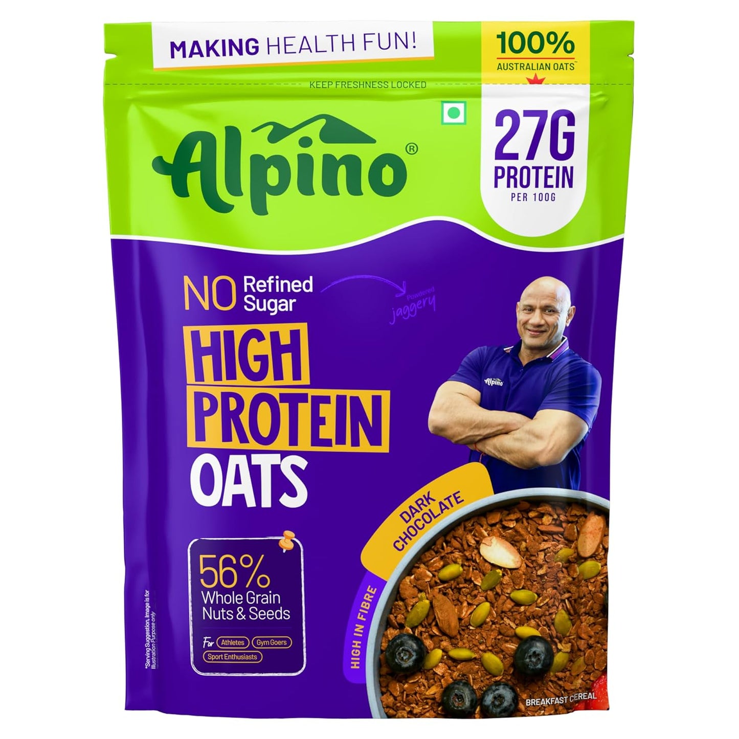 ALPINO 27g High Protein Oats Dark Chocolate- Rolled Oats, Protein Blend, Jaggery Powder, Cocoa Powder, Nuts & Seeds - Source of Dietary Fibre & Healthy Fats, No Refined Sugar & Salt
