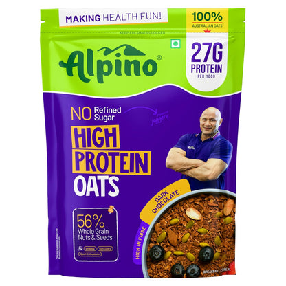 ALPINO 27g High Protein Oats Dark Chocolate- Rolled Oats, Protein Blend, Jaggery Powder, Cocoa Powder, Nuts & Seeds - Source of Dietary Fibre & Healthy Fats, No Refined Sugar & Salt
