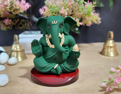 Handcrafted Poly Resin Ganesha Statue with Base - Perfect for Car Dashboard, Office Desk, Shelves, and Home Decor - Ideal Housewarming Gift! (Appugreenwithbase)