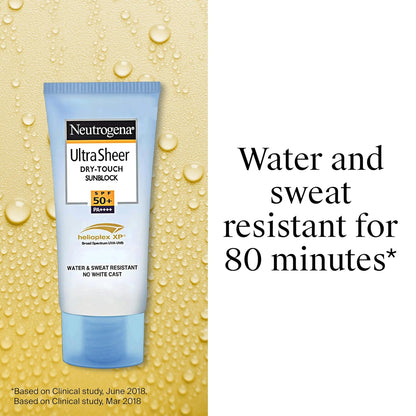 Neutrogena Ultra SheerDry-Touch Sunblock tube on a background with water droplets