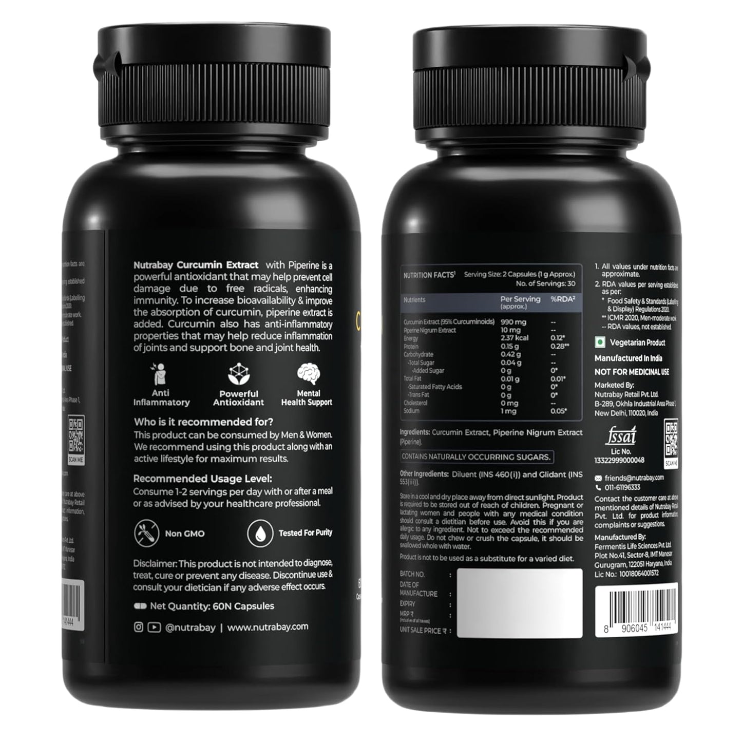 Two black supplement bottles with labels on a white background