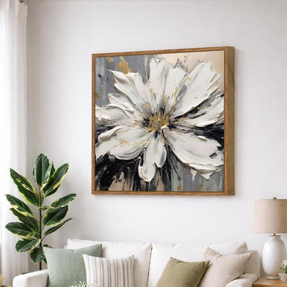 Abstract White Flower Framed Painting For Living Room | Modern Impasto Floral Large Canvas Painting With Frame Wall Art For Bedroom, Hallway's, Office, Hotel, Size 58x58 cm