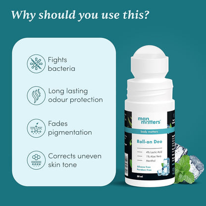 Man Matters Underarm Deodrant Roll-On 50 Ml | Long Lasting Cooling Freshness, Removes Bad Odour, Brightens Underarms | 4% Lactic Acid, 1% Aloe Vera & Menthol | Aluminium Free