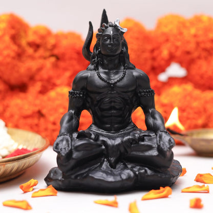 4 Inch Meditating Lord Shiva Idol | Black Finish Mahadev Murti in Dhyan Mudra with Trishul, Snake & Tiger Base for Home Temple, Mandir, Meditation Room, Office Desk & Car Dashboard