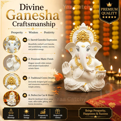 Yaa Catchy White & Gold Ganesha Idol Car Dashboard Idol Ganesha Murti Ganpati Idol for Home Decor Pooja Lord Ganesh Statue Gift for Office Desk Pooja Room (Ganesha Resin White & Gold)