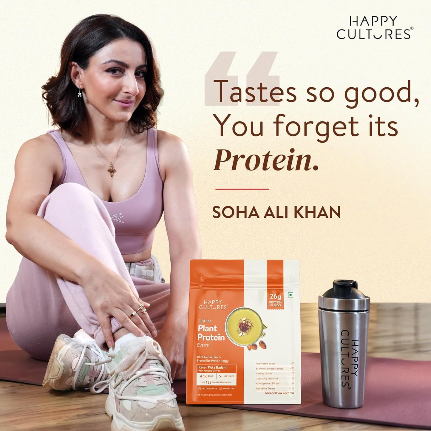 Happy Cultures 26g Tastiest Plant Protein| Kesar Badam Pista | Pea & Brown Rice Protein Isolate| No Added Sugar| Vegan| 20 Complete Amino Acids| Monk Fruit Extract| Women & Men| No Bloating, Easy to Digest| Dairy Free with Probiotics- 505g, Kesar Pista