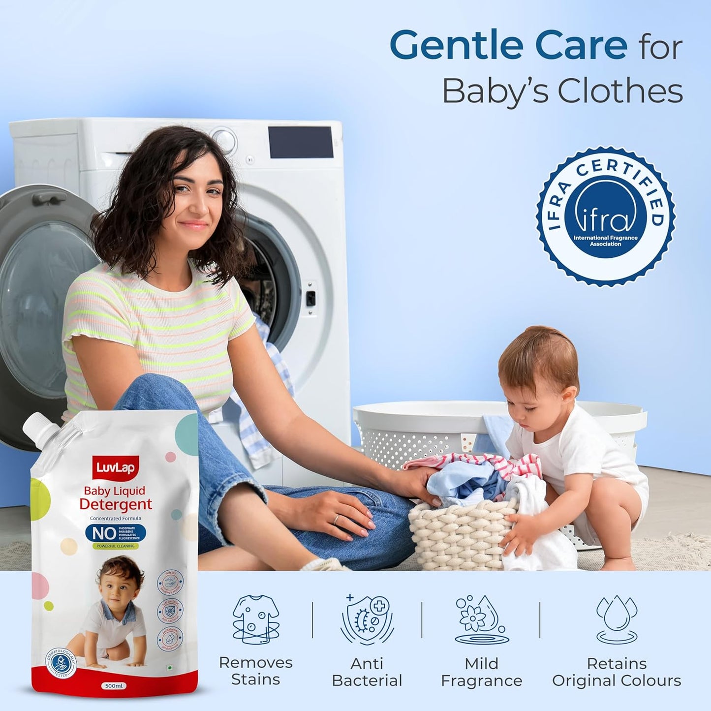 LuvLap Baby Laundry Detergent Refill pack- 500ml, pH Balanced, No harsh chemicals, Safe for mommy's hands & baby's skin, Anti-Bacterial, Softens clothes & Removes Stains, Dermatologically tested