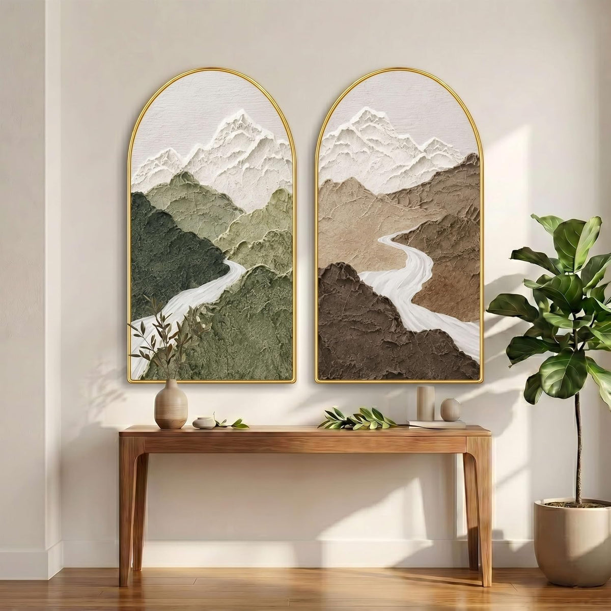 Set of 2 Mountain Wall Painting for Living Room, Textured Landscape Modern Artwork, PVC Golden Frame, Arch Shape Wall Decor for Bedroom, Hall, Office & Gift (30 x 32 Inch) RPNL-02-117