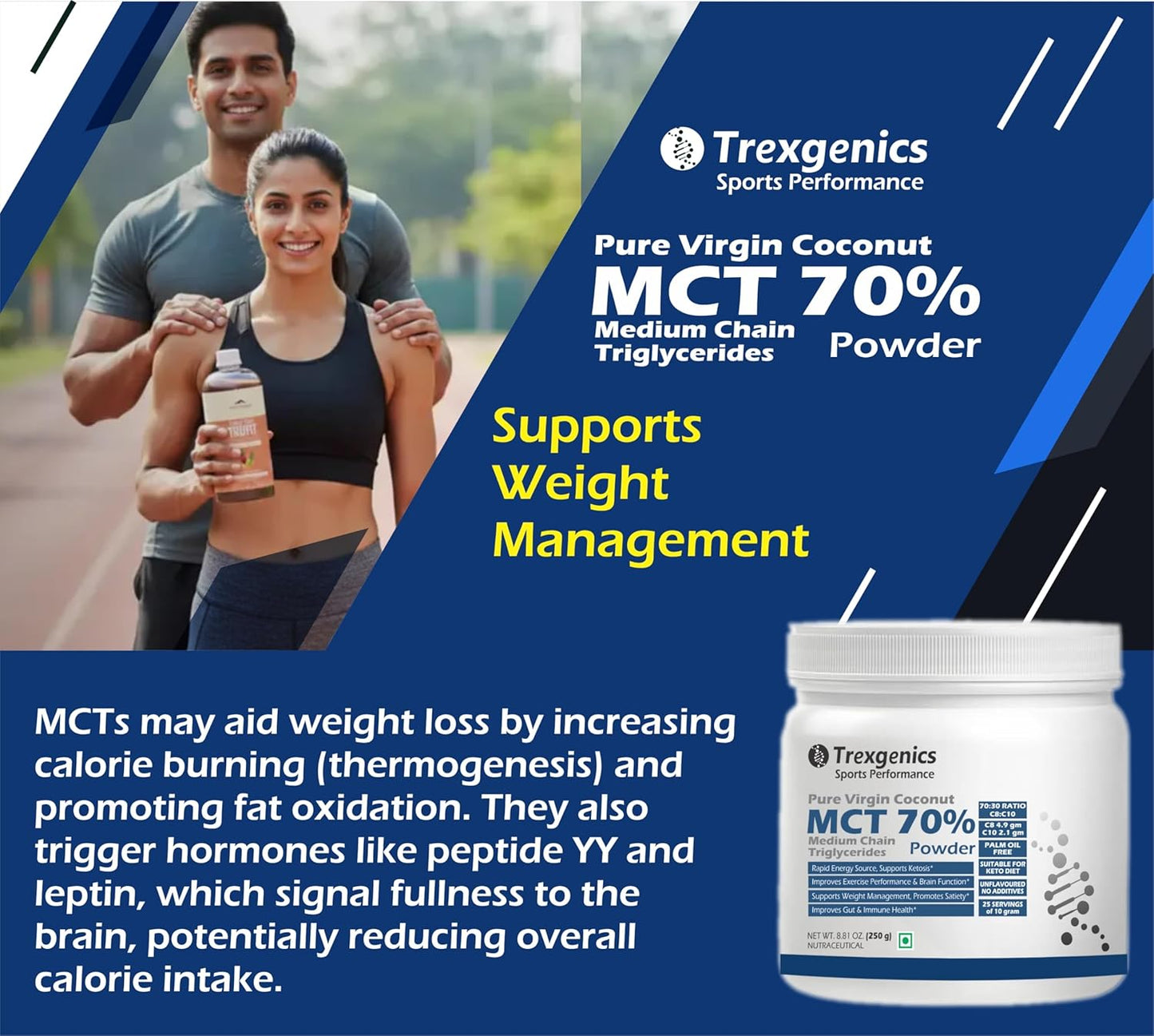 Advertisement for Trexegenics MCT powder with a couple exercising outdoors.