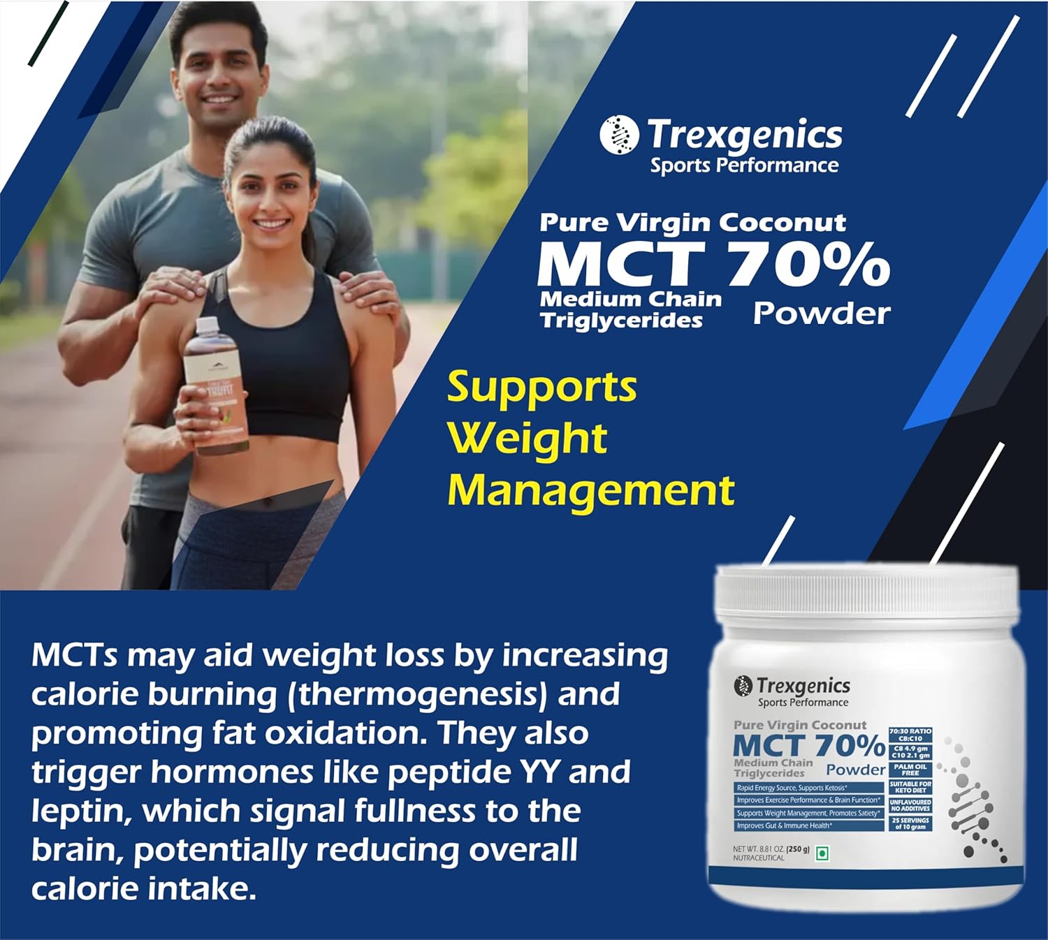 Advertisement for Trexegenics MCT powder with a couple exercising outdoors.