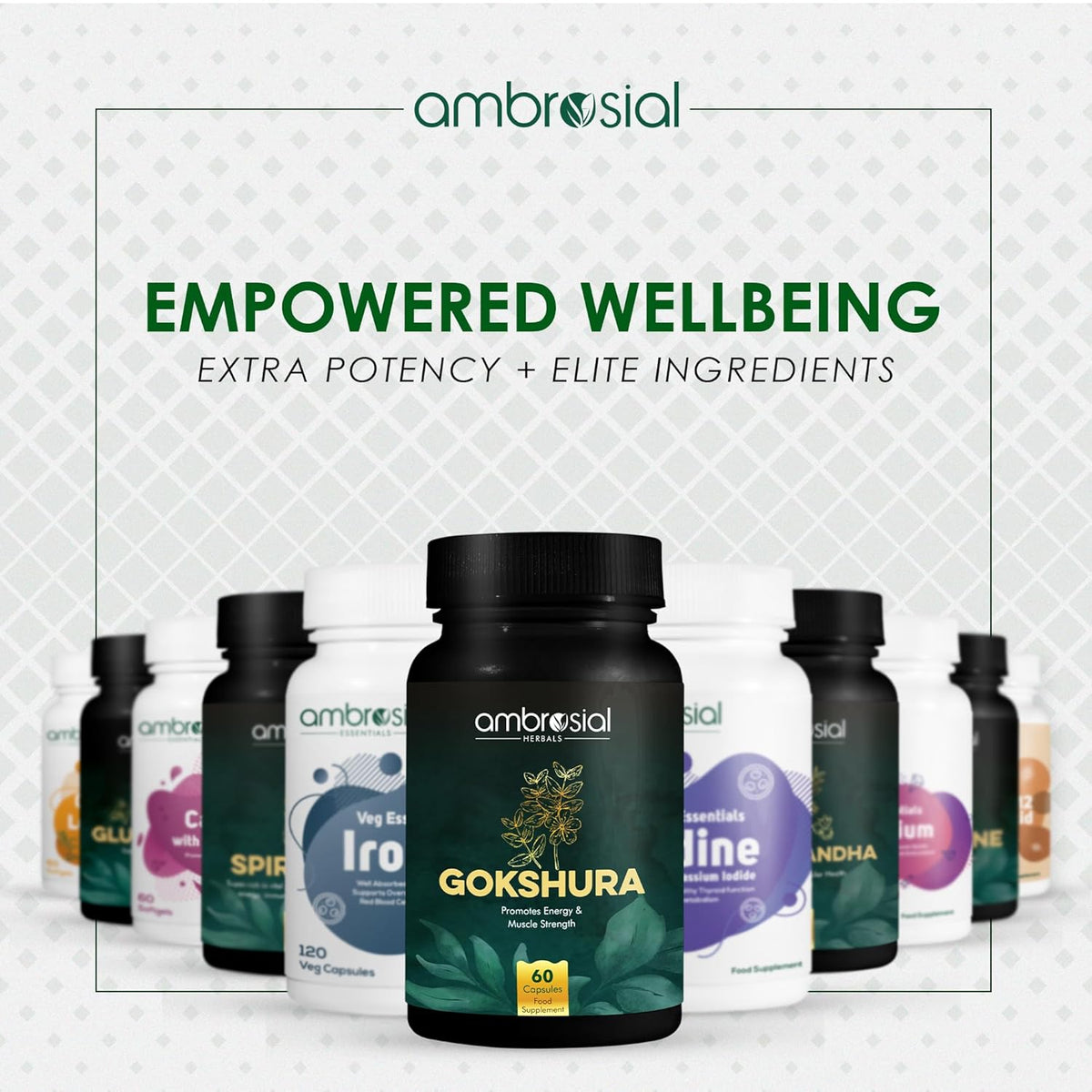 Ambrosial supplement bottles with 'Empowered Wellbeing' text on a light gray background