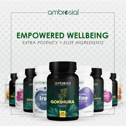 Ambrosial supplement bottles with 'Empowered Wellbeing' text on a light gray background