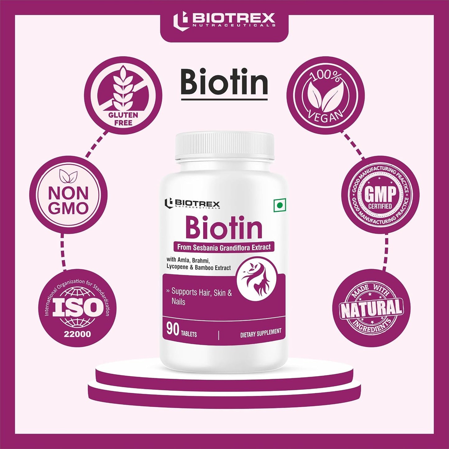 Biotrex Nutraceuticals Biotin Supplement For Hair, Skin & Nails, Enriched With Amla, Brahmi, Lycopene & Bamboo Extract - 90 Tablets