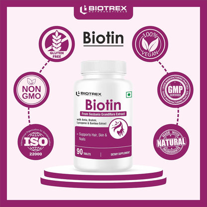 Biotrex Nutraceuticals Biotin Supplement For Hair, Skin & Nails, Enriched With Amla, Brahmi, Lycopene & Bamboo Extract - 90 Tablets