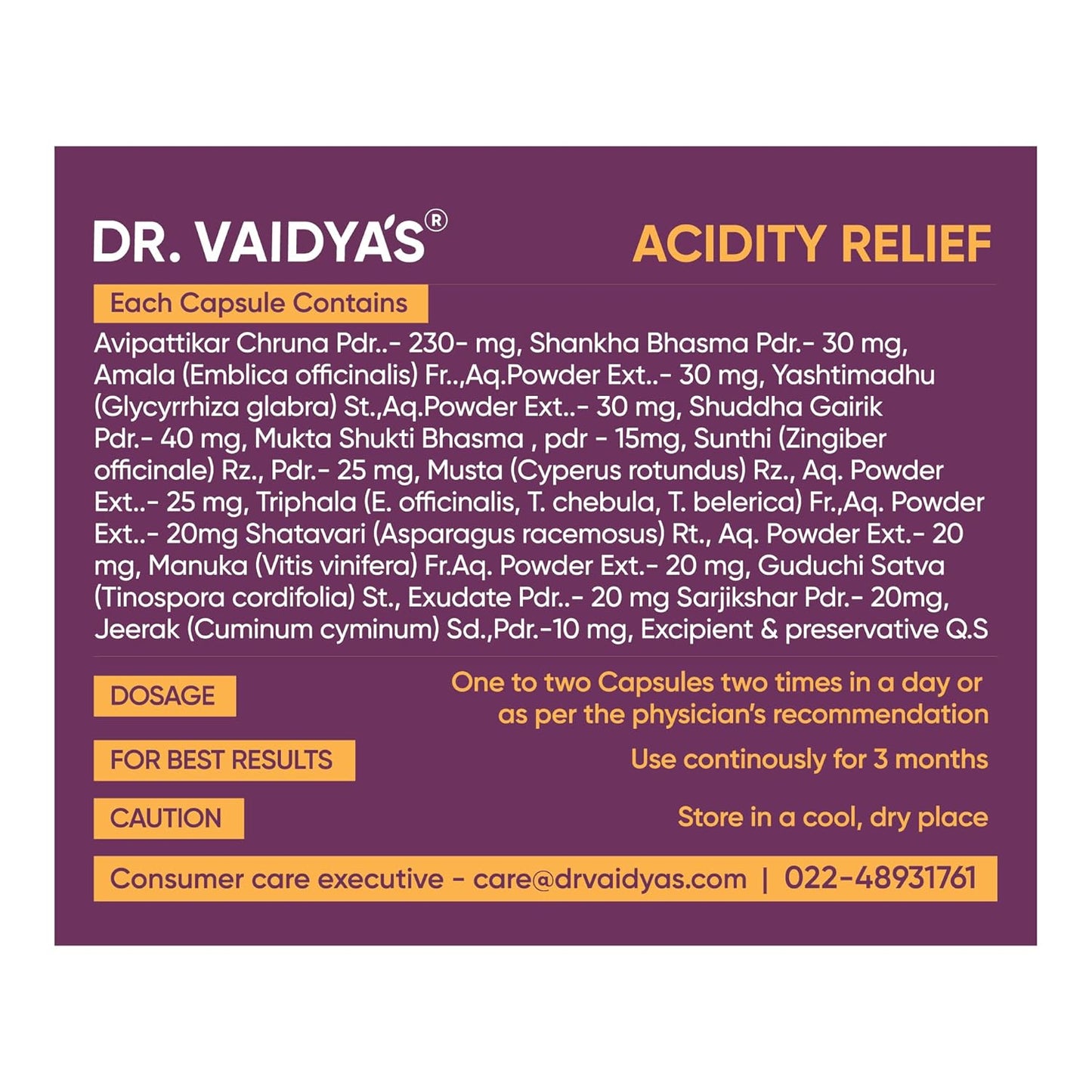 DR. VAIDYA'S Acidity Relief Capsules Ayurvedic Medicine For Acidity and Gas, 30 Capsules