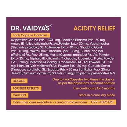 DR. VAIDYA'S Acidity Relief Capsules Ayurvedic Medicine For Acidity and Gas, 30 Capsules
