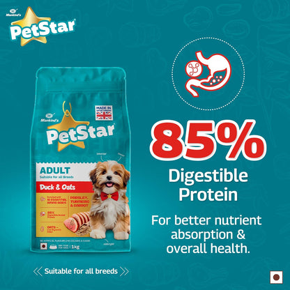 Petstar Adult Dry Dog Food 1 kg, Duck & Oats, High Protein, Easy Digestion, Immunity Support, No Artificial Flavours or Added Sugar