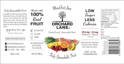Orchard Lane Low Sugar Mixed Fruit Jam - 81% fruit- No preservatives or colours, only 7 calories per teaspoon | Nutritious spread FOR ALL AGES | Non-fattening jam- 280 grams