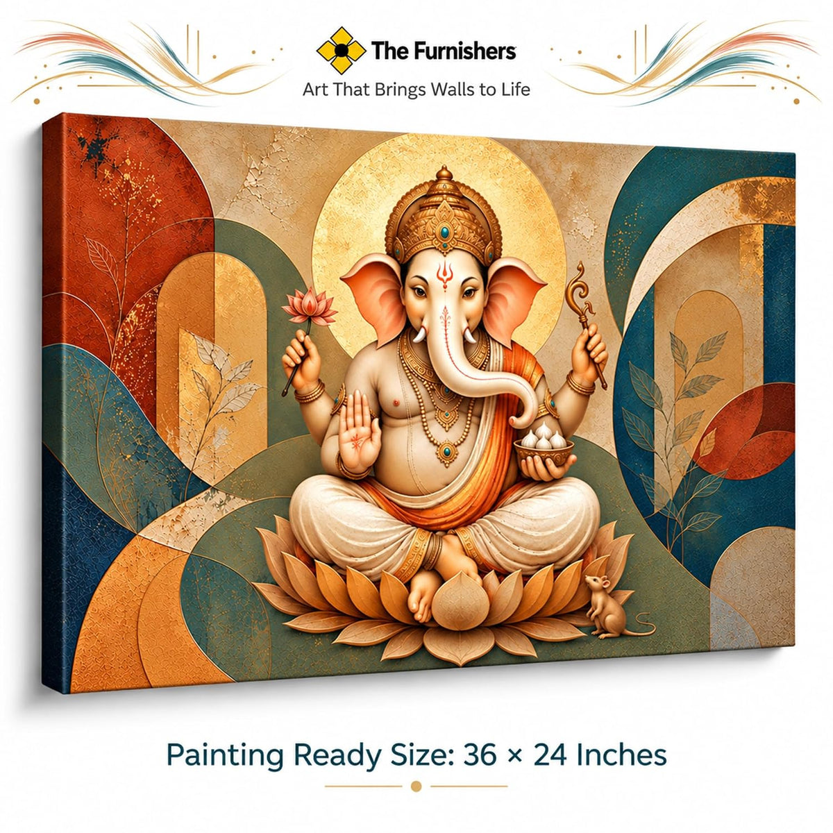 Ganpati Sacred Balance UNFRAMED 36 x 24 Inch Canvas Painting roll, Modern Lord Ganesha Vastu Wall Art, Peaceful Digital Painting for Home, Living Room, Bedroom, Office, Hotels, Artwork for Gifting