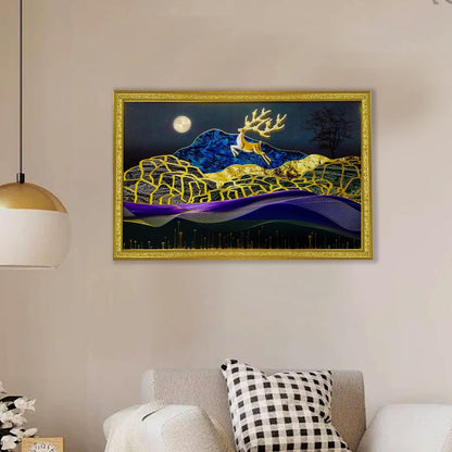 3D Golen Foil Modern Art Landscape with Joyful Lucky Reindeer | Framed Painting | Ready to Hang - (Multicolor, 14 Inch x 20 Inch)