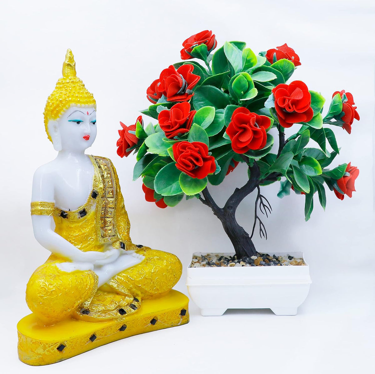 Gautam Buddha Statue for Spiritual Home Gautam Buddha Statue for Spiritual Home Handicrafts Sitting Buddha Idol Statue Showpiece with Artificial Plant (Golden Buddha & Japanese Red Rose)