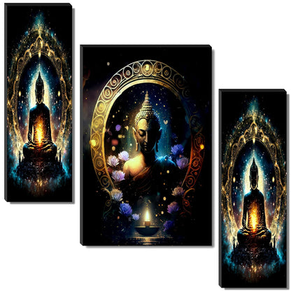 Cosmic Enlightenment Buddha Wall Art – Mystical Golden Halo & Lotus Candle Triptych | UV-Printed, Ready-to-Hang Spiritual Zen Décor (20 Inch x 12 Inch) JM-35299