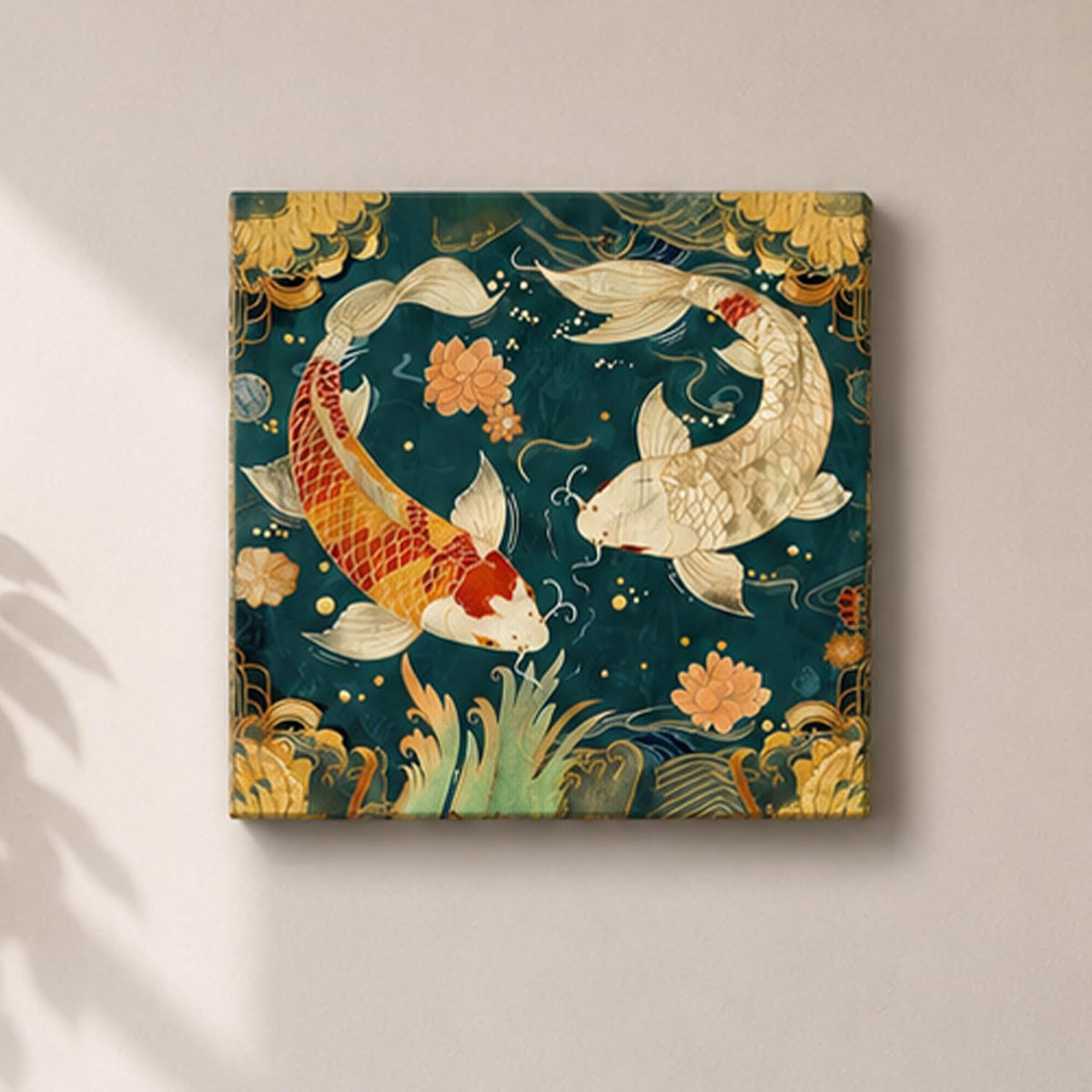 Abstract Koi Artwork Stretched Canvas Painting for Living Room | Asian Fish Canvas Wall Décor Art For Livingroom, Bedroom, Office, Hallways - 16x16 Inch