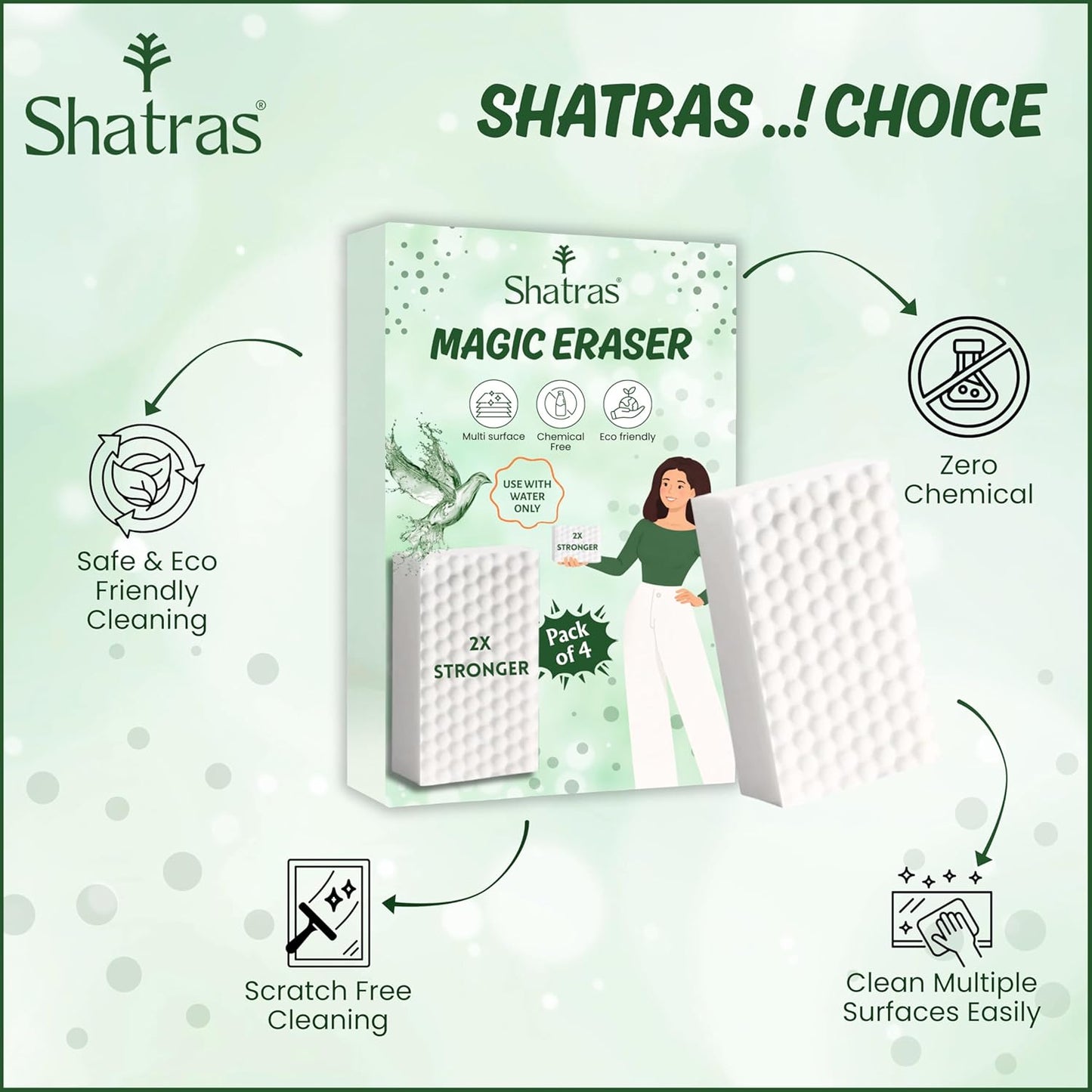 Shatras Magic Eraser Cleaning Sponge – Multipurpose Melamine Foam Stain Remover Foam for Walls, Kitchen, Bathroom, Tiles & Shoes | Just Add Water Stain Remover (Pack of-4)