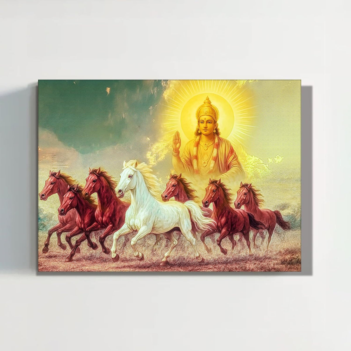 Shurya Dev 7 Running Horses Canvas Wall Art Painting For Living Room, Seven Horse Vastu Painting For Home, Office and Bedroom, Stretched Canvas (16x22 Inch)