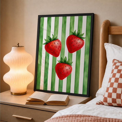 Strawberry Wall Art Framed Painting for Home Decor, Fruit Botanical Artwork Wall Decor for Living Room Bedroom Kitchen Dining Room, Green Retro Aesthetic Room Decoration (DGN06-Black10x13 inch)
