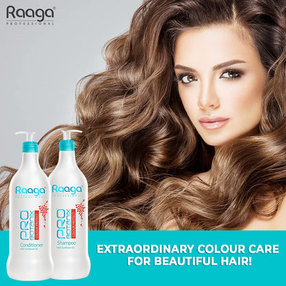 Woman with styled hair next to Raaga shampoo and conditioner bottles on a gray background